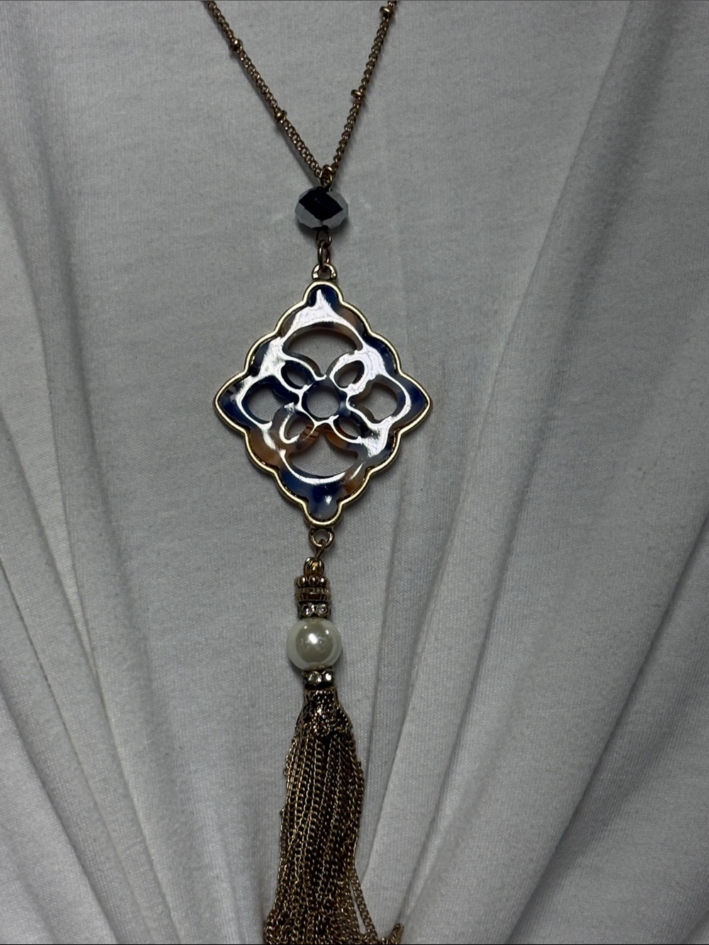 Source Unknown Blue Floral Enamel Pendant Tassel Necklace